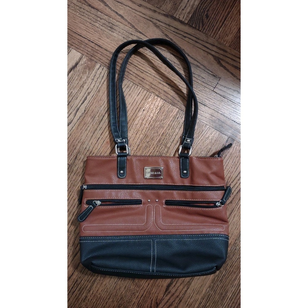Stone & Co Women Brown Black Faux Leather Shoulder Bag Tote HBV-00335-SK